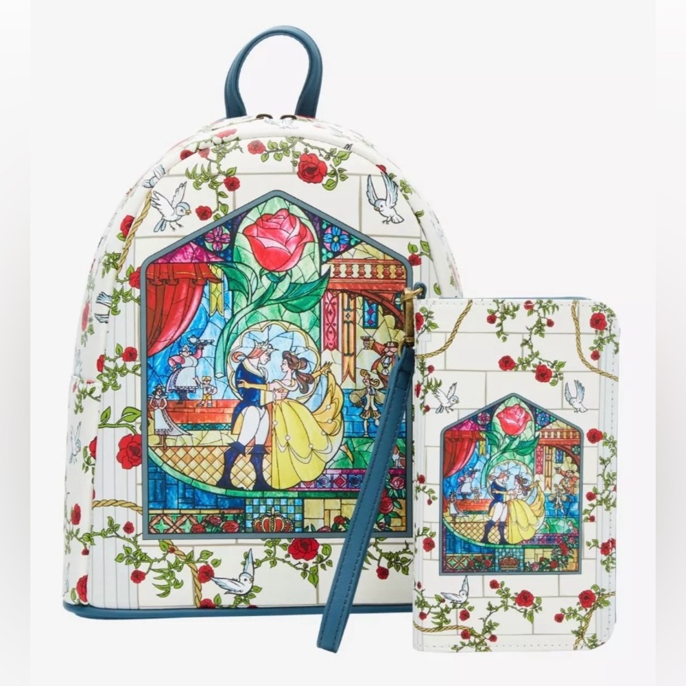 NWT Loungefly Beauty& the Beast stained glass backpack & tech wallet